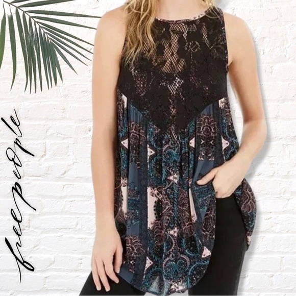 Free People Tops - FREE People Count Me in Trapeze Tunic Top in Black Floral Combo - Size S